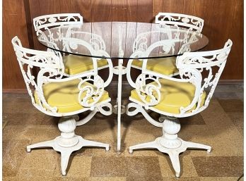 A Vintage Hollywood Regency Cast Aluminum Glass Top Dining Table And Set Of 4 Chairs By Molla Furniture