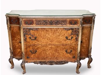 A Vintage Burl Wood Neo-Rococo Style Dresser With Glass Top