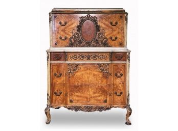 A Vintage Burl Wood Neo-Rococo Style Chest Of Drawers With Glass Top