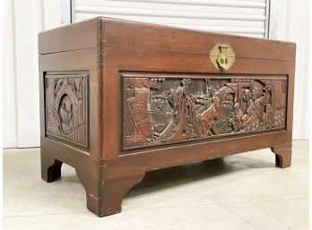 An Antique Exotic Hardwood Carved Chinoiserie Blanket Chest