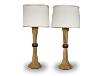 A Pair Of Fabulous Vintage Mid Century Fluted Oak Stick Lamps With Brass Accents