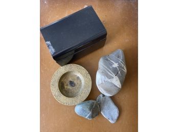 Metal Index Box, Stones And A Brass Ashtray(?)