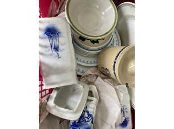 Basket Full Of Dishes Platter Bowls Plates Canisters