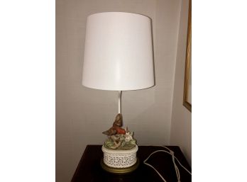 Table Lamp With A RED Porcelain Bird And Flowers With White Shade