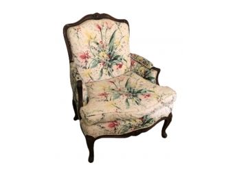 Louis XV Style Arm Chair With Pretty Unique Floral Print And Walnut Wood Carved Frame