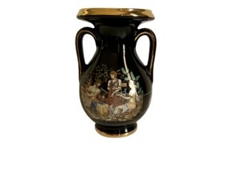 Black And Gold Two Handle Asian Vase Urn With Man And Women Harp And Snake