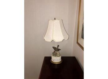 Table Lamp With A BROWN Porcelain Bird And Cream Shade