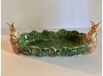 Glazed Porcelain Fitz And Floyd Bowl With Two Hungry Bunnies