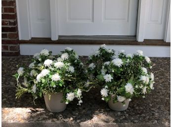 Pair Of Flower Pots With White Faux Chrysanthemums And Greens
