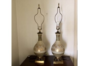 Pair Of Elegant Vintage Mid Century Frosted Glass Gold Vase Lamps With Raised White Floral Garlands