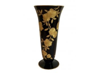 Cambridge Blossom Time Black Ebony Vase With Gold Floral (1939-1946)