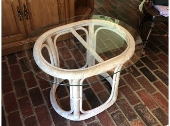 Wicker And Wood Side Table With Thick Glass Top