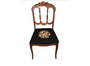 Early 20th Century Carved Rosewood Side Chair With Needlepoint Seat