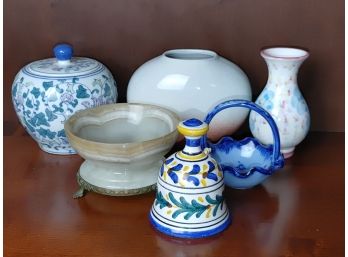 Lot Of Artisan Pottery, Covered Jar & Stone Dish