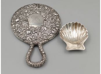 Sterling Silver Monogrammed Hand Mirror And Shell Dish