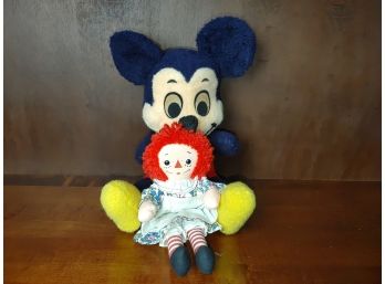 Vintage Walt Disney Characters Mickey Mouse Plush Doll & Raggedy Ann Doll