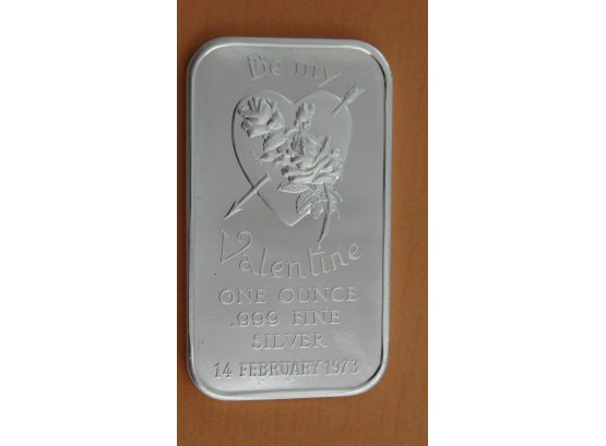 1 Troy Ounce .999 Fine Silver Bar - Be My Valentine February 14 1973