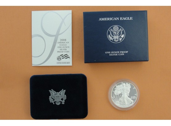2008 Proof US Silver Eagle 1 Troy Ounce .999 Fine Silver Coin With Box And Paperwork