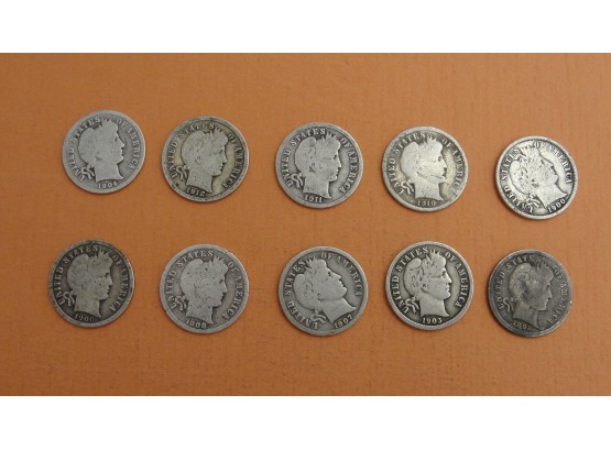 10 Silver Barber Dimes 1898,1900,1903,1904,1906.1907,1908 D,1910,1911 D,1912