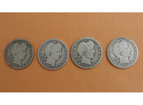 (4) Silver Barber Quarters 1902, 1907 S, 1914 D, 1916 D