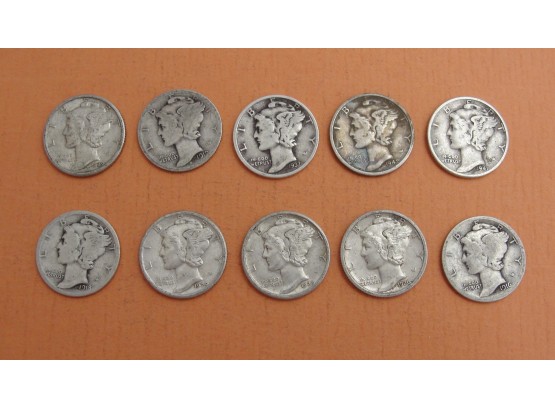 Lot Of (10) Silver Mercury Dimes, Assorted Dates