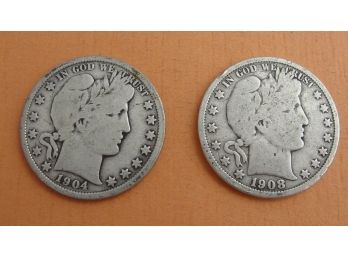 (2) Silver Barber Half Dollars 1904 & 1908 O