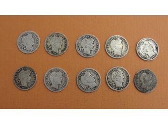 10 Silver Barber Dimes 1898,1900,1903,1904,1906.1907,1908 D,1910,1911 D,1912