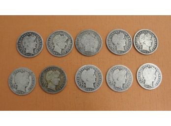 Lot Of(10) Silver Barber Dimes 1898, 1900, 1901 O, 1905 S, 1906 S, 1907, 1908, 1910, 1911 D, 1912