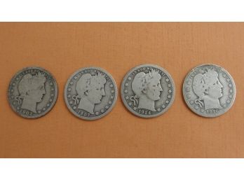 (4) Silver Barber Quarters 1902, 1907 S, 1914 D, 1916 D