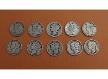 Lot Of (10) Silver Mercury Dimes, Assorted Dates