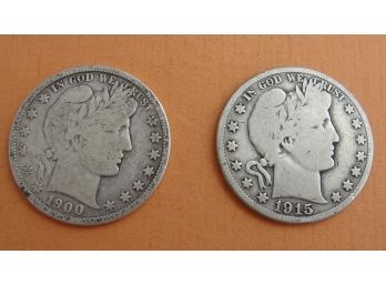 (2) Barber Half Dollars 1900 & 1915 S - 90 Silver