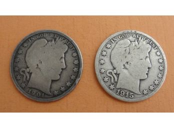 (2) Silver Barber Half Dollars 1901 S & 1915