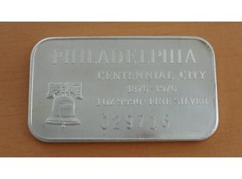 1 Troy Ounce .999 Fine Silver Bar - Philadelphia - Centennial City