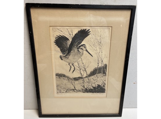 Pencil Signed Etching Woodcock  By Churchill Ettinger Listed American Printmaker