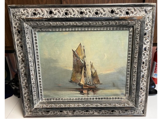 20 Th Century Marine Sailboat  Painting Oil On Canvas 16x20 Image 25x30 In Carved Frame