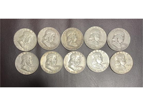 10 Ben Franklin Silver Half Dollars  90 Percent Silver . Good Condition