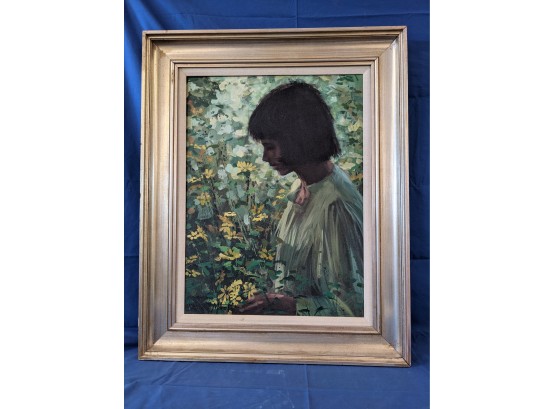 James Mastin Oil On Canvas Portrait Of A Young Woman With Yellow Flowers
