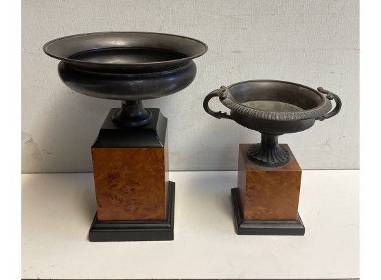 Two Small  Modern Metal Urns Both Different .metal Urns With Birds Eye Wood Bases