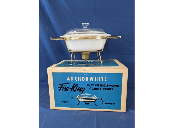 Vintage Fire-King Anchor White 1&1/2 Quart Casserole And Cover With Candle Warmer In Original Box W400/217