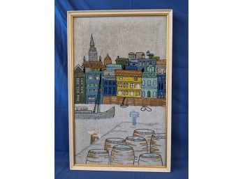 Fantastic Vintage 1970s Emboidery Picture Of Dockside City