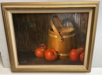 Fabulous. 20 Th Century Realist Still Life Oil Painting  Of Apples , Firkin And Barn Door By