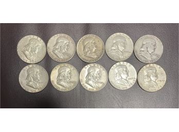 10 Ben Franklin Silver Half Dollars  90 Percent Silver . Good Condition