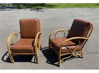 Boho Chic Vintage Pair Of Bamboo Rattan Lounge Chairs