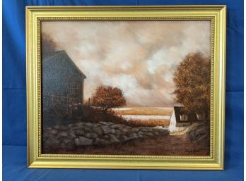 Estate Fresh Angelo Franco Oil On Canvas Sepia Barn And House Landscape In Gilt Frame CT Artist
