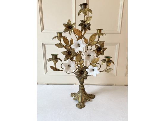 Stunning Brass And Milk Glass Five Candle Candelabra
