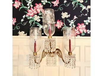 Vintage Brass And Etched Glass Triple Wall Sconce (Set 2)