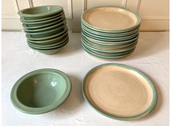 Lot Of Light Green Signed Ceramic Dinnerware - Nelson - Eleven Plates /  Twelve Bowls