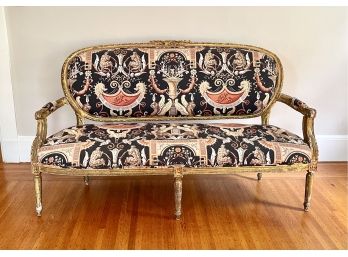 Antique Wood Frame Loveseat With Extra Fabric