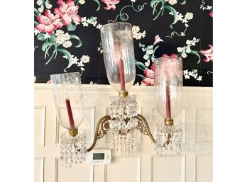 Vintage Brass And Etched Glass Triple Wall Sconce (Set 1)