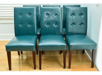 Set Of Six Pier 1 Imports Mason Collection Teal Blue Faux Leather Parson Style Dining Chairs